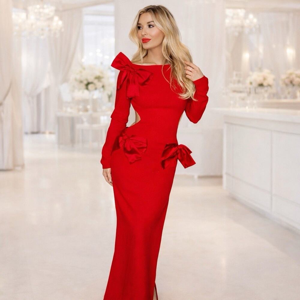NWT HOUSE OF CB Lavele Red Bow Long Dress Party Cocktail Slit Cut Out Backless